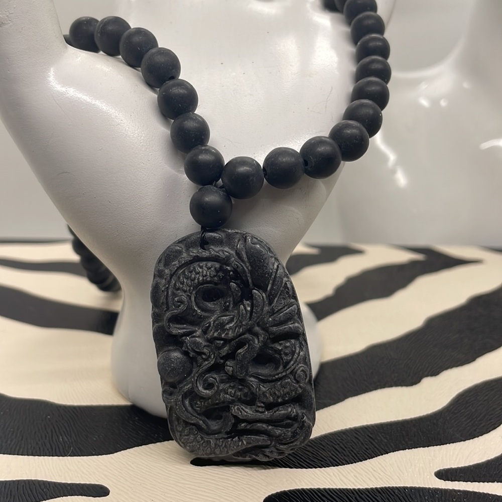 Black Beaded Necklace with Intricate Pendant